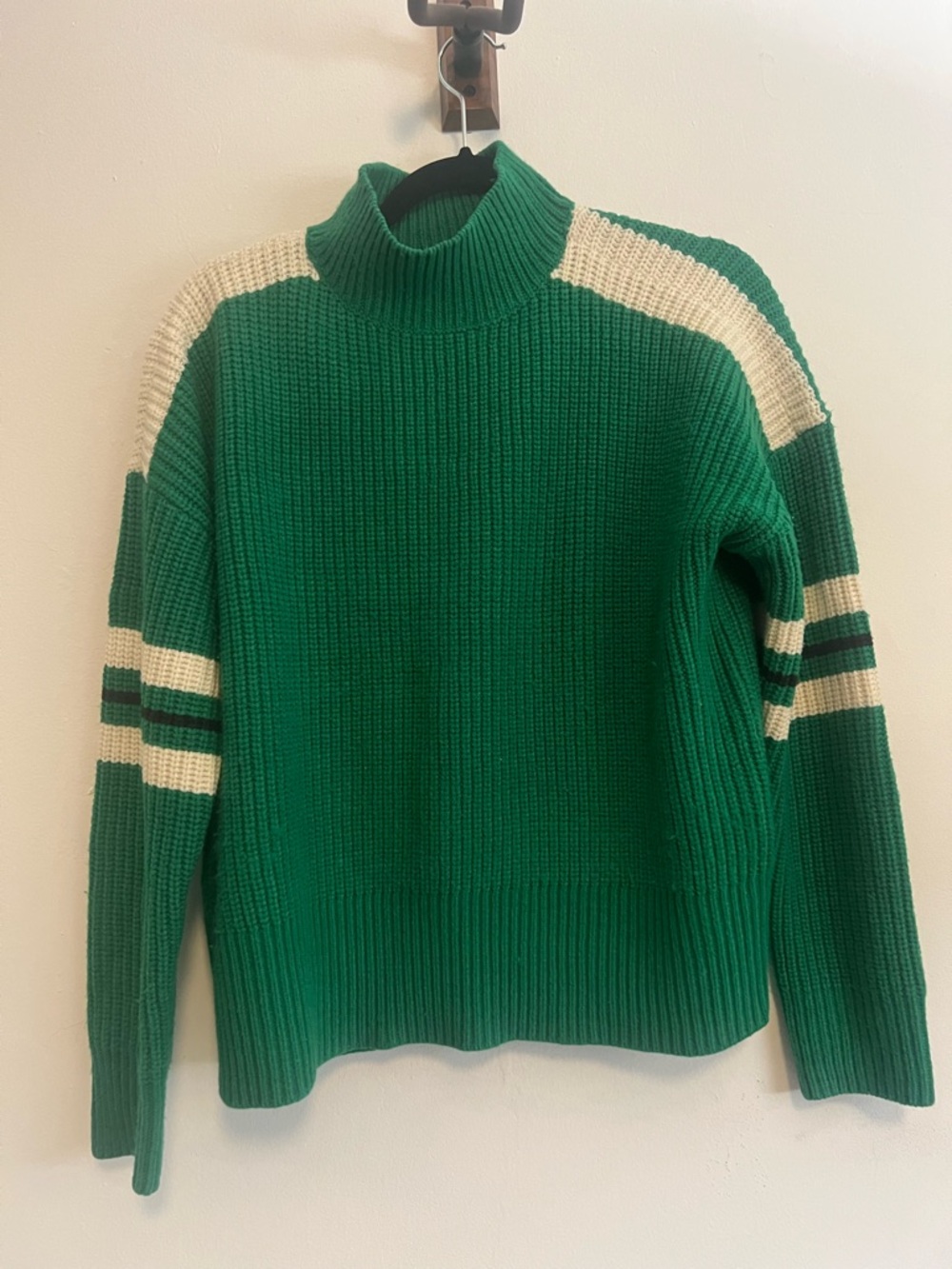 Sanctuary Green Turtleneck Sweater with Cream Stripes